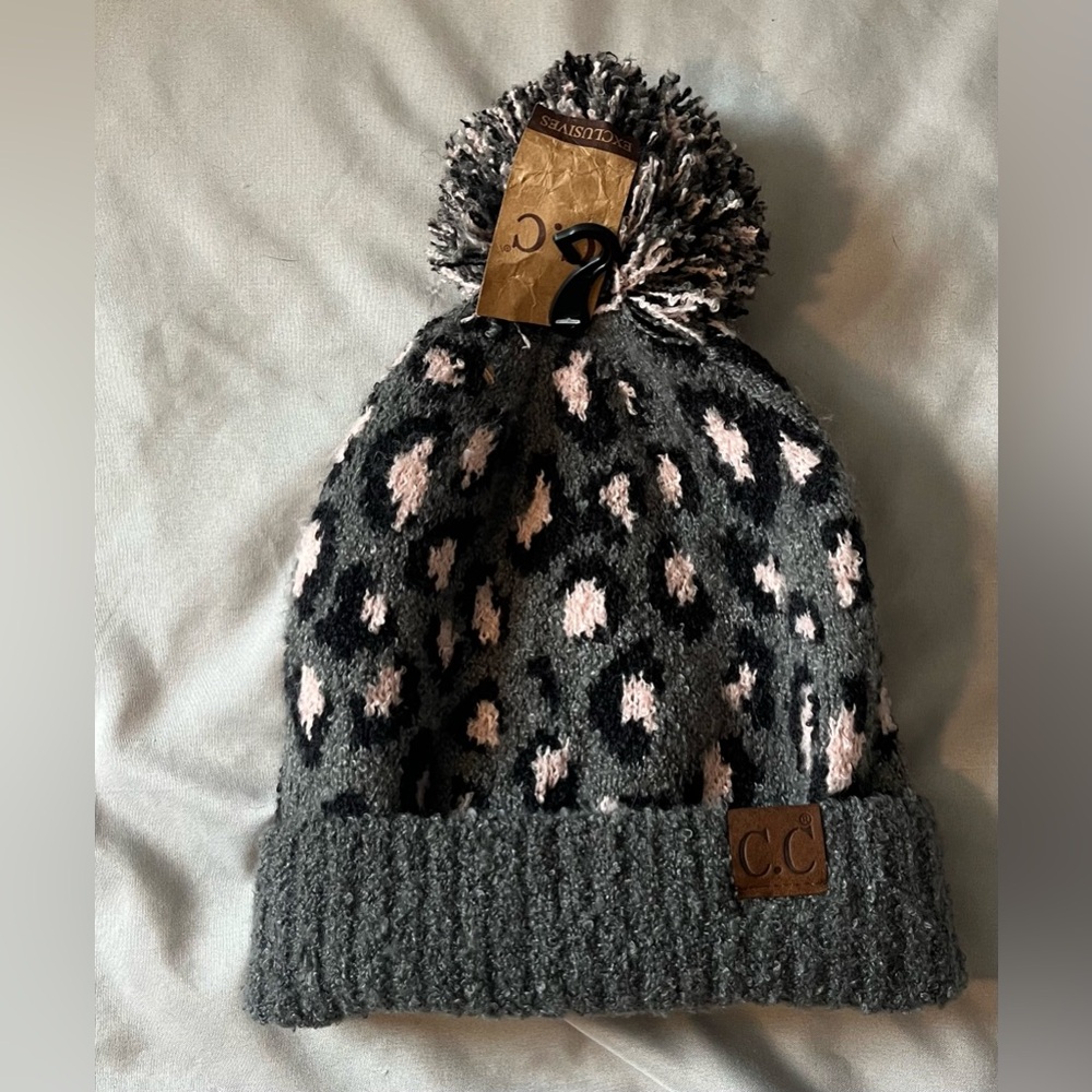 C.C Women's Gray and Pink Leopard Knit Beanie